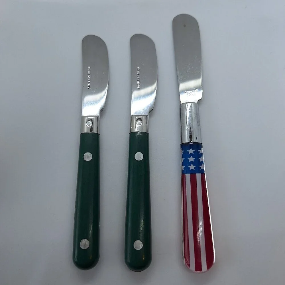 Lot of 3 Vintage Stainless Steel Butter Spreaders Forest Green & American Flag